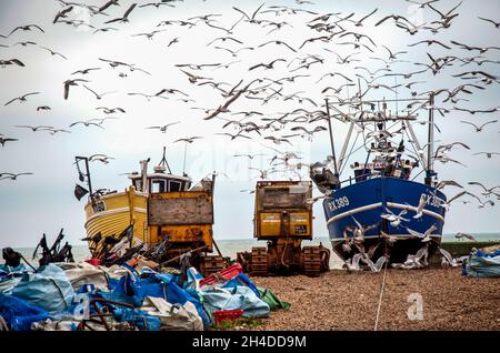 Hastings fishing boats on The Stade (Saxon for landing place). Hastings is Britain’s oldest, and Europe’s largest, beach-launched fishing Stock Photo