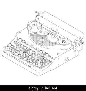 Outline of a vintage typewriter from black lines isolated on white background. Isometric view. Vector illustration Stock Vector