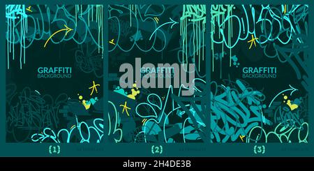 Dark Abstract Flat Urban Street Art Graffiti Style A4 Poster Vector Illustration Art Template Background Set Stock Vector