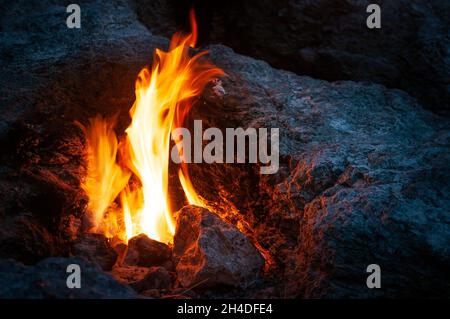 Underground gas flames of Mount Chimaera, Cirali, Turkey Stock Photo