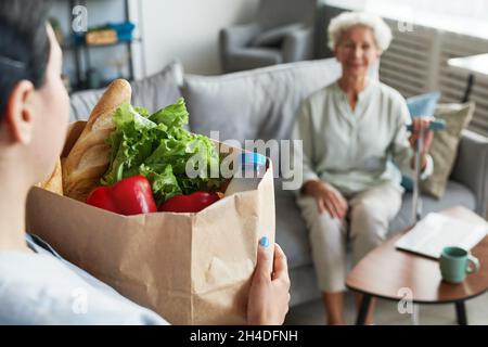 Portrait of female caregiver bringing groceries to senior woman, copy space Stock Photo