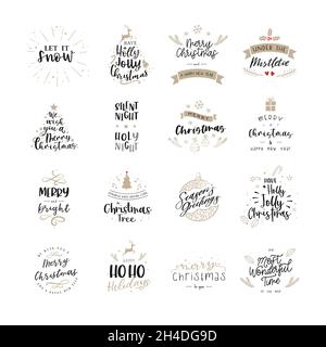 Cute set of Christmas labels with different hand writings and hand drawn ornaments, great for gift boxes, stickers, cards - vector design Stock Vector