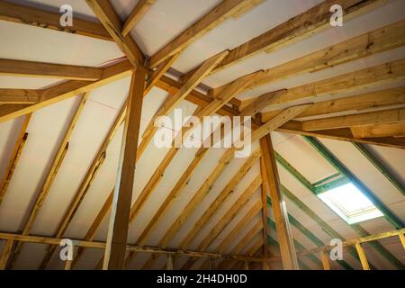 wooden roof frame truss system. attic construction Stock Photo