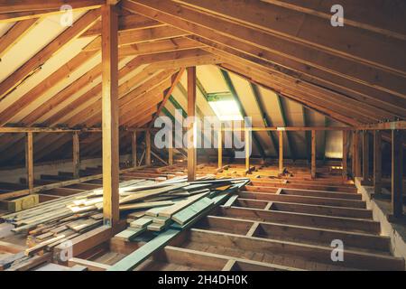 house attic construction. wooden roof beam frame Stock Photo