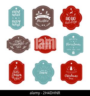 Cute set of Christmas labels with different hand writings and hand drawn ornaments, great for gift boxes, stickers, cards - vector design Stock Vector