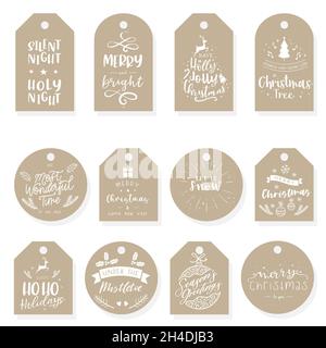 Cute set of Christmas labels with different hand writings and hand drawn ornaments, great for gift boxes, stickers, cards - vector design Stock Vector