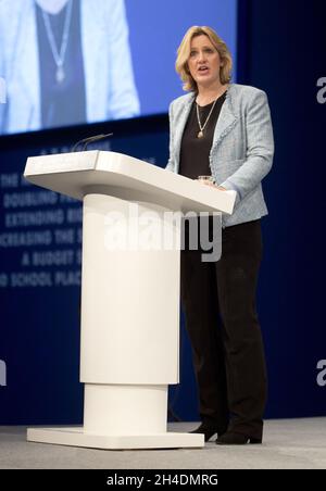 Secretary of State for Energy and Climate Change Amber Rudd delivers his speech in the second day of the Conservative Party annual conference in the Manchester Central Convention Centre.   Stock Photo