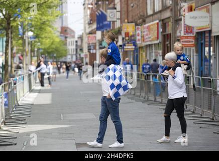 Leicester City fans ahead of their team's victory parade through Leicester city centre as the Foxes celebrate winning Barclays Premier League 2015/16 for the first time in their 132-year history on May 16, 2016. Stock Photo