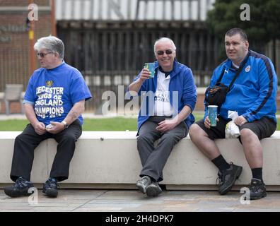 Leicester City fans ahead of their team's victory parade through Leicester city centre as the Foxes celebrate winning Barclays Premier League 2015/16 for the first time in their 132-year history on May 16, 2016. Stock Photo