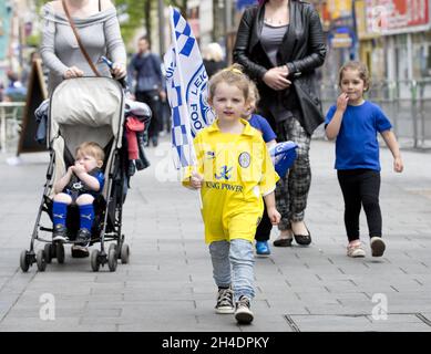 Leicester City fans ahead of their team's victory parade through Leicester city centre as the Foxes celebrate winning Barclays Premier League 2015/16 for the first time in their 132-year history on May 16, 2016. Stock Photo