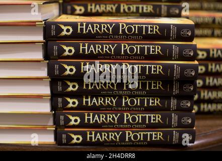 A pile of books of Harry Potter and The Cursed Child at the launch night in Waterstones, Picadilly, central London, on Saturday 30 July. Stock Photo