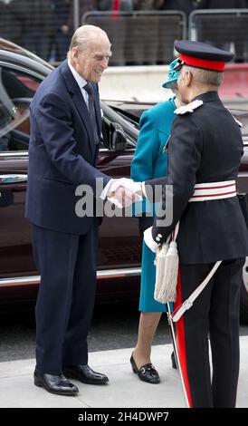 The Duke of Edinburgh arrives at the new National Cyber Security Centre in London for the opening ceremony on Tuesday 14th February, 2017. Picture dated: Tuesday February 14th February, 2017. Photo credit should read: Isabel Infantes/EMPICS Entertainment. Stock Photo