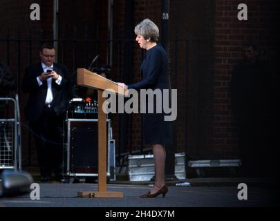 Prime Minister Theresa May makes a statement in Downing Street, London, announcing a snap general election to be held on June 8. Pictured: Tuesday April 18, 2017. Photo credit should read: Isabel Infantes / EMPICS Entertainment Stock Photo