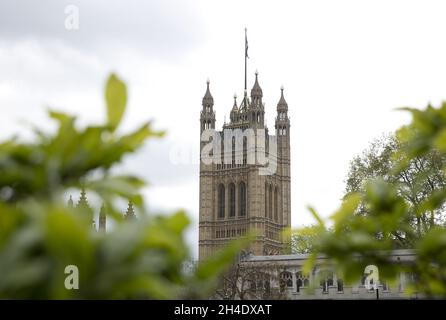 A view of the Victoria Tower, the tallest tower in the Palace of Westminster, is seen from Parliament Square, central London. Picture dated: Friday April 28, 2017. Photo credit should read: Isabel Infantes / EMPICS Entertainment. Stock Photo