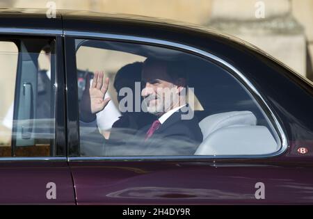Spain's King Felipe IV and Queen Letizia leave the Palace of Westminster after her husband King Felipe VI delivered an Address in the Royal Gallery to Parliamentarians during the first day of the King's State Visit to the UK. Picture dated: Wednesday July 12, 2017. Photo credit should read: Isabel Infantes / EMPICS Entertainment. Stock Photo