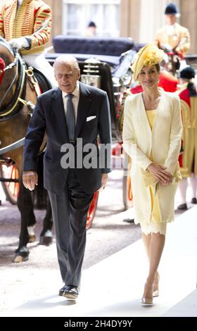  (left to right) The Duke of Edinburgh and Queen Letizia of Spain arrive at Buckingham Palace, London during the King Felipe's VI State Visit to the UK.. Picture dated: Wednesday July 12, 2017. Photo credit should read: Isabel Infantes / EMPICS Entertainment.