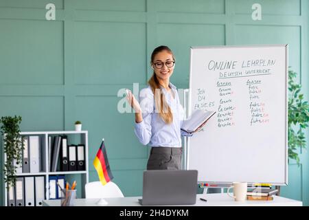 Cheerful female teacher giving German language lesson online and explaining grammar to remote students Stock Photo