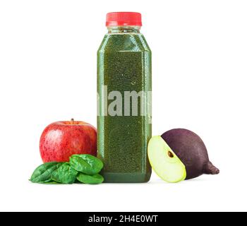 Freshly Squeezed Spinach Apple Beet Juice in a Generic Plastic Bottle Isolated on White Background Stock Photo