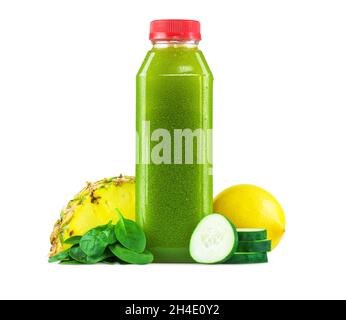 Freshly Squeezed Spinach Cucumber Pineapple Lemon Juice in a Generic Plastic Bottle with Garnish Isolated on White Background Stock Photo