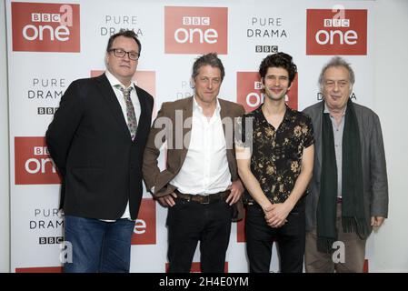 Writer Russell T Davies, left, actors Hugh Grant and Ben Whishaw and director Stephen Frears attending the press launch for BBC One's A Very English Scandal at BAFTA Piccadilly, London. Picture dated: Wednesday April 18, 2018. Photo credit should read: Isabel Infantes / EMPICS Entertainment. Stock Photo
