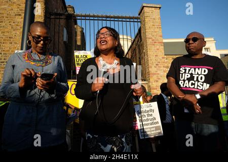 (centre) Shadow Home Secretary, Diane Abbott, addresses protesters during a solidarity rally in Windrush Square, Brixton, south London, to show support for the so-called Windrush generation after it emerged that the Home Office destroyed thousands of landing cards documenting the arrival of windrush-era migrants. Picture dated: Friday April 20, 2018. Photo credit should read: Isabel Infantes / EMPICS Entertainment. Stock Photo