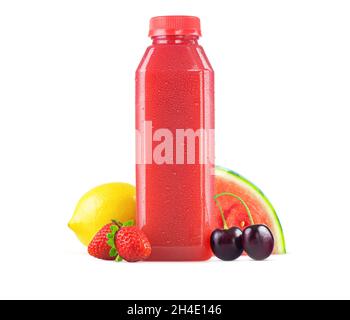 Freshly Squeezed Strawberry Watermelon Cherry Lemonade Fruit Juice in Generic Plastic Bottle with Garnish Isolated on White Background Stock Photo