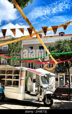 Lisbon, Portugal- June 7, 2018: Streets adorned with garlands for the festivities of Saint Anthony in the Alfama neighborhood in Lisbon Stock Photo