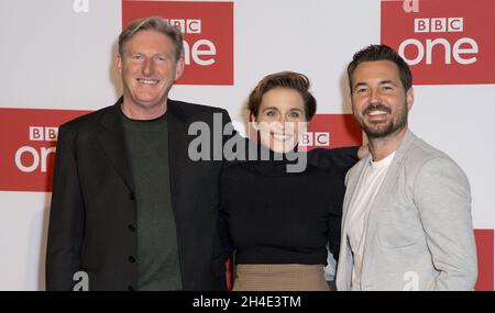 (left to right) Adrian Dunbar, Vicky McClure and Martin Compston attending a photo call for BBC One's Bodyguard at the BFI Southbank in London. Picture dated: Monday March 18, 2019. Photo credit should read: Isabel Infantes / EMPICS Entertainment. Stock Photo