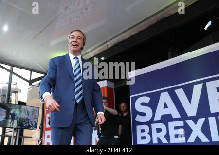 Former UKIP leader Nigel Farage speaking on stage at the March to Leave protest in Parliament Square, Westminster, London Stock Photo