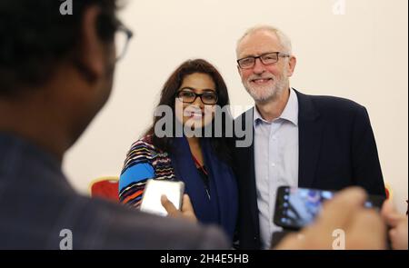Labour leader Jeremy Corbyn takes a picture with delegates at the Labour Party Faiths reception organized by Islamic Relief on the third day of the Labour Party annual conference at the Brighton Centre in Brighton. Picture dated: Monday September 23, 2019. Photo credit should read: Isabel Infantes / EMPICS Entertainment. Stock Photo