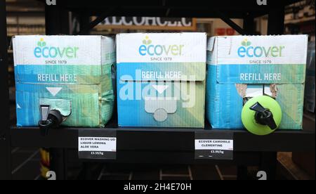 Boxes of Ecover Washing-up Liquid Refill are displayed on a supermarket in London. Issue dated: Thursday January 30, 2020. Photo credit should read: Isabel Infantes/EMPICS Entertainment. Stock Photo