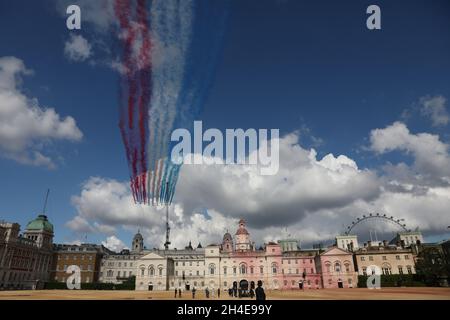 The Red Arrows and their French equivalent, La Patrouille de France, flying over Horse Guards Parade in London to mark the 80th anniversary of French Resistance leader Charles de Gaulleâ€™s wartime broadcast. Picture date: Thursday June 18, 2020. Stock Photo