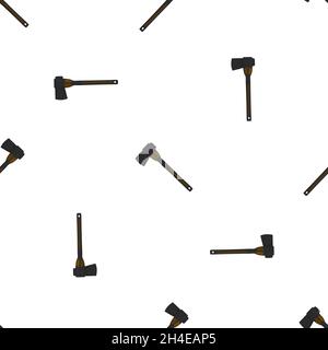 Illustration on theme pattern steel axes with wooden handle, metal ax for hunting. Big kit ax consisting of many identical axes on white background. F Stock Vector