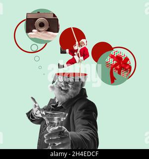 Contemporary art collage, modern design for greeting card. Emotional Santa Claus congrats on New Year 2022 and Christmas. Stock Photo