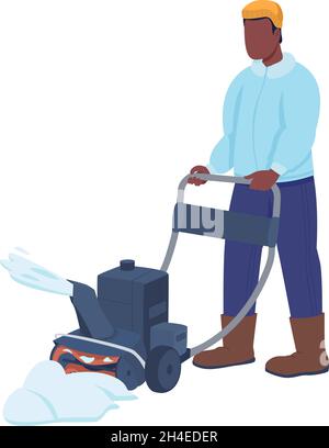 Man with snowplow semi flat color vector character Stock Vector