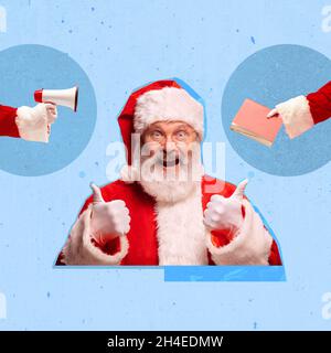 Contemporary art collage. Santa Claus congrats on happy New Year and Merry Christmas isolated on light background Stock Photo