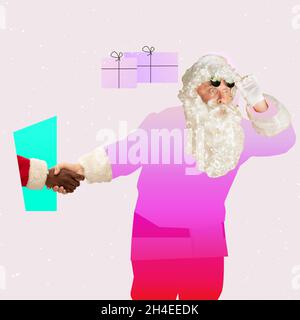 Contemporary art collage, modern design for greeting card. Digital Santa Claus congrats on New Year 2022 and Christmas. Stock Photo