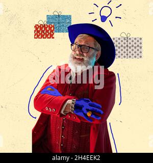 Contemporary art collage, modern design for greeting card. Emotional Santa Claus congrats on New Year 2022 and Christmas. Stock Photo