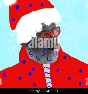 Contemporary art collage, modern design for greeting card. Emotional Santa Claus congrats on New Year 2022 and Christmas. Stock Photo