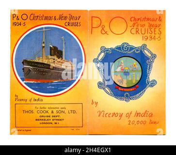 A front and back cover of a promotional leaflet by Thomas Cook for P&O Christmas and New Year cruises aboard the Viceroy of India in 1934. The ocean liner of the Peninsular and Oriental Steam Navigation Company (P&O) was a British Royal Mail Ship on the Tilbury–Bombay route. The accommodation aboard was considered luxurious by the standards of the era and included an indoor swimming pool – a vintage 1930s graphics. Stock Photo