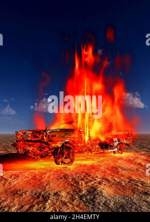 A Chevrolet Car On Fire Stock Photo