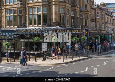 Bettys Harrogate, view of Bettys Cafe Tea Rooms sited on the corner of Parliament Street and Montpellier Parade in the centre of Harrogate, Yorkshire Stock Photo