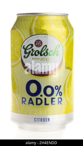 Can of Grolsch non-alcoholic Lemon Radler beer isolated on a white background Stock Photo