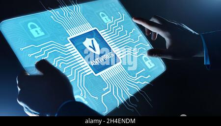 Antivirus Cyber security Data protection Technology concept on virtual screen. Stock Photo