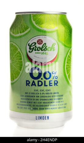 Can of Grolsch non-alcoholic Lime Radler beer isolated on a white background Stock Photo