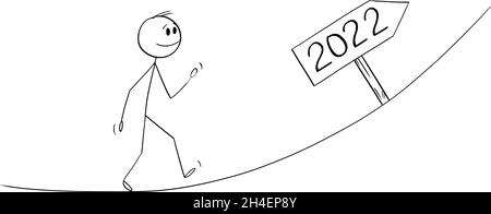 Person Walking Up, Great Expectations From Year 2022, Vector Cartoon Stick Figure Illustration Stock Vector