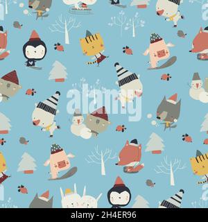 Seamless Pattern of Cute Animals playing Winter Games in the Forest Stock Vector