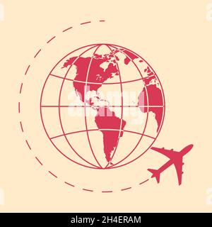 Airplane fly around the planet Earth. Travelling by air concept. Flat style illustration. Stock Vector