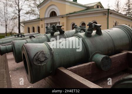 Borodino, Moscow region, Russia - May 12, 2021: Captured French cannons in front of the building of the military-historical museum of the Battle of Bo Stock Photo
