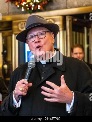 New York, USA. 1st Nov, 2021. New York City's Archbishop Timothy Dolan speaks before blessing the animals that will appear in a living Nativity scene at the Radio Citiy Music Hall Christmas Spectacular in New York City. The show returns after having been cancelled last year during the pandemic lockdown. Credit: Enrique Shore/Alamy Live News Stock Photo